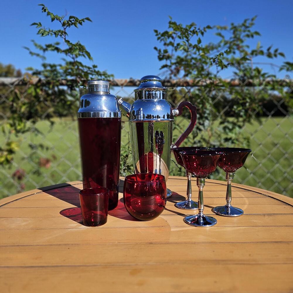 Vintage Mid Century Ruby Red and Chrome Cocktail Shaker